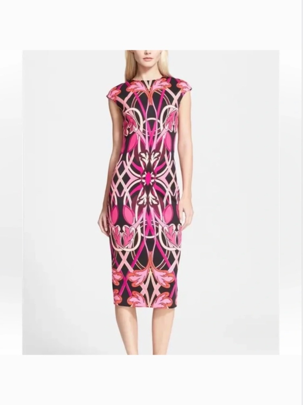 Ted Baker Anta Pink Fuchsia Black Pencil Art Nouveau Bodycon Midi Dress 2/6